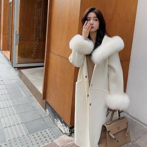 Winter Fashion Design Ladies Wool Coat with Pockests Fluffy Real Fox Fur Hood Thickening Jacket Outerwear Womens Streetwear