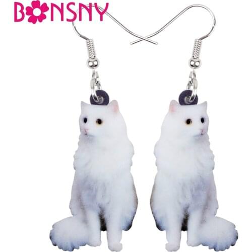 Bonsny Acrylic Elegant Sitting Snowy Kitten Cat Earrings Long Dangle Drop Fashion Jewelry For Women Girls Ladies Kids Animal Pet