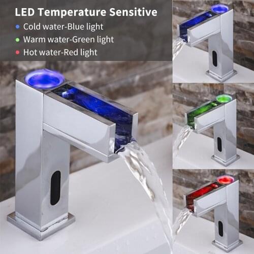 Automatic Sensor Faucet 3-Color LED Temperature Sensitive Bathroom Sink Faucet Waterfall Spout Chrome Finished Brass Water Tap