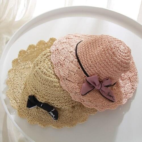 H7434 Childrens Straw Hat Summer Kids Outdoor Sunscreen Sun Cap Girls Sunshade Bowknot Fashionable Hollow Handmade Crochet Hats