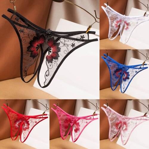 Womens Thong Sexy Exotic Open Crotch Panties Lace Embroidered Mesh Pants Ladies G-string Perspective Underwear tanga perlas 03