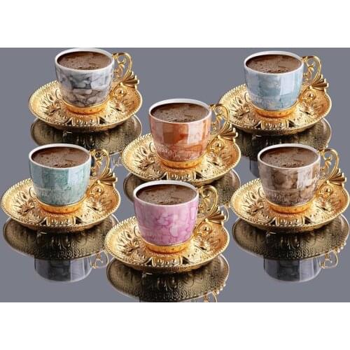 Busem Ahu Tiryaki Porcelain Cup Patterned Mix Turkish Coffee Set for 6 People