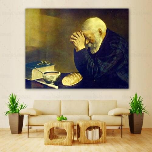 Grace Religious Canvas Painting Daily Bread Man Praying At Dinner Table Classic Wall Art Decoration