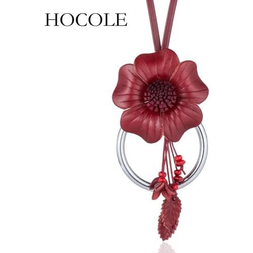 HOCOLE Beautiful New Necklace Jewelry Handmade Yellow Red Genuine Leather Flower Pendant Long Necklaces for Women collares mujer