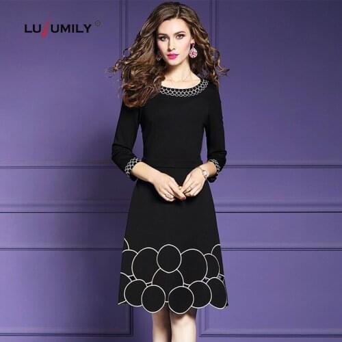 Lusumily Fashion Designer Elegant Embroidery Dress Women 3/4 Sleeve Slim A-line Robe Female Office Lady Dresses Party Vestidos