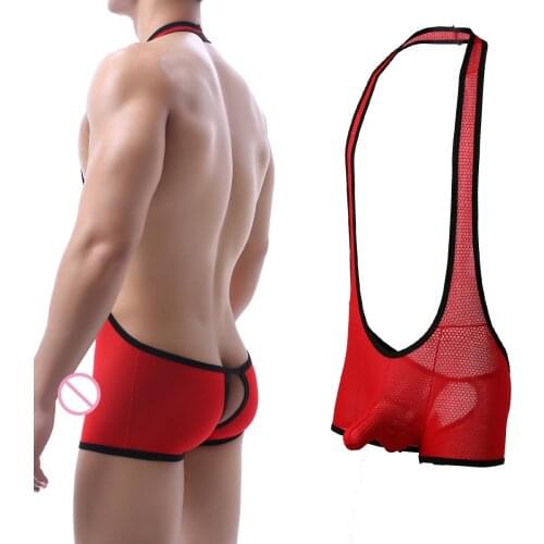 Mens Sexy Leotard Bodysuits Body Shapers Hanging Neck Boxers Jumpsuit Tights Men Singlet Underwear One-piece Male Undershirts