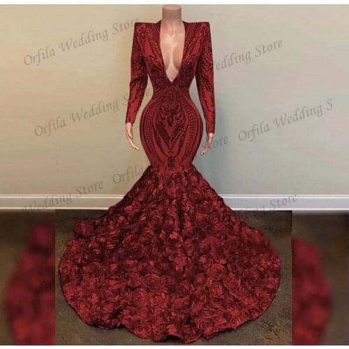 Long Sleeves Red Mermaid Prom Dress 2021 African Black Girls Long Prom Dresses Plus Size For Girl Party Wear