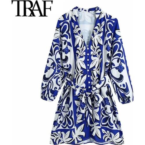 TRAF Women Fashion With Belt Totem Print Mini Shirt Dress Vintage Three Quarter Sleeve Button-up Female Dresses Mujer