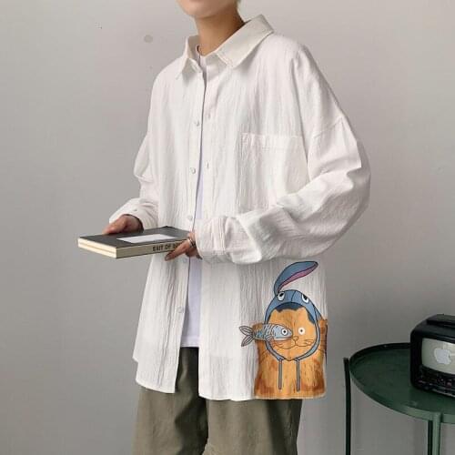 Shirt 2021 Summer Creative The Cat Small Fish Print Long Sleeve Lapel Linen Large Solid Color Tidal Current Hot Sale