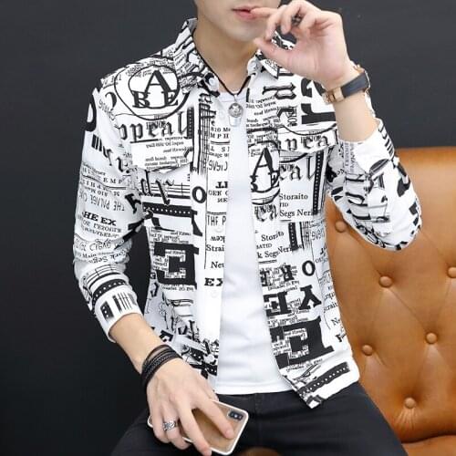 Fashion Men Casual Shirt Letters Pattern Single Breasted Slim Fit Blouse Long Sleeve Black Red E25
