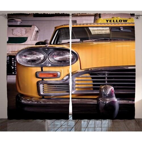 New York Taxi Curtains Urban Retro Car Big City Photo Satin Fabric Drapes for Living Room Bedroom 2 Panel Window Set