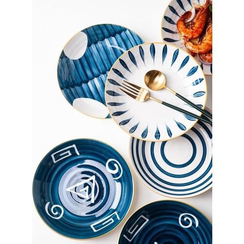 Japanese hand painted plate household creative tableware net red breakfast dish ceramic sushi plate Western steak plate