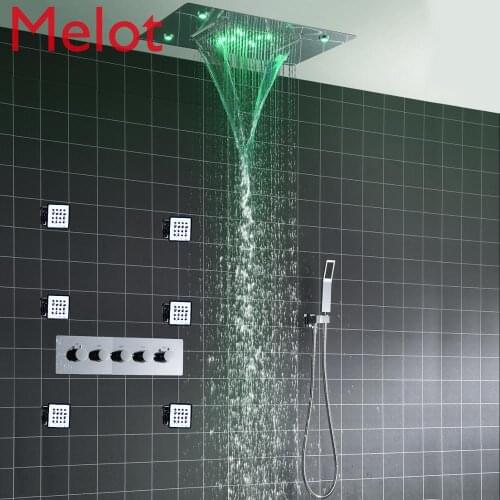 Thermostatic Multi Function Shower System Rainfall Waterfall 304 Stainless Steel Shower Head Faucet Set Massage Body Jets