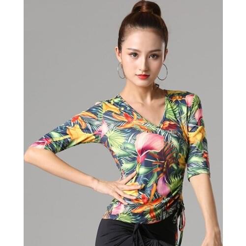 H2635 Women Latin Dance Print Top Female Practice Wear Lady National Standard Modern Square Dance Middle Sleeve Performance Tops