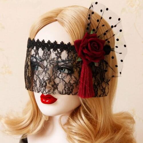 Vintage Red Rose Flower Black Lace Veil Ribbon Tied Mask Gothic Party Accessory