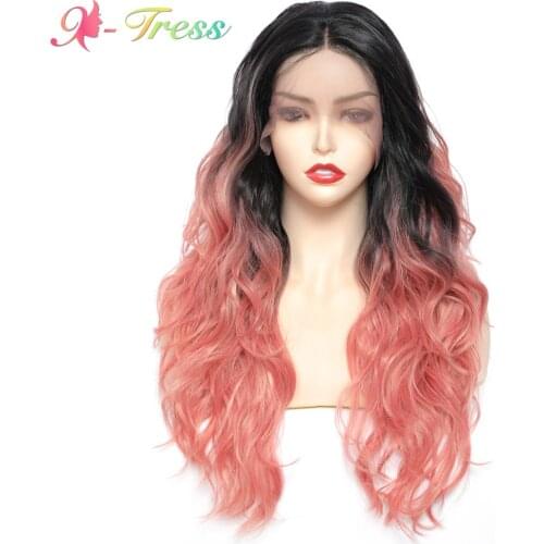 X-TRESS Synthetic Lace Front Wigs Dark Broen Fluffy Long Wavy Wigs for Women Free Part Lace Wig with Baby Hair Heat Resistant