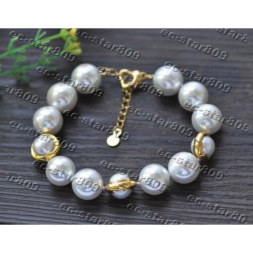 Z11327 8"~10" 14mm white Round South Sea Shell Pearl Gold-Plating Bracelet Women Fashion Jewelry