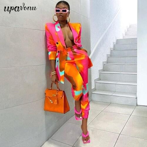 Free Shipping Women Blazer Set Office Suit Jacket Fashion Lapel Long Sleeve Double Breasted Tie-Dye Jacket & Pants Two-Piece Set