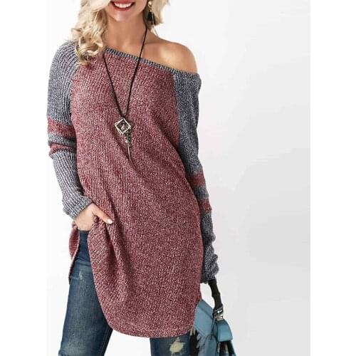 Autumn Winter Sweater Women Round Neck Pullover Knitted Sweater Loose Stitching Long Pullover Sweater