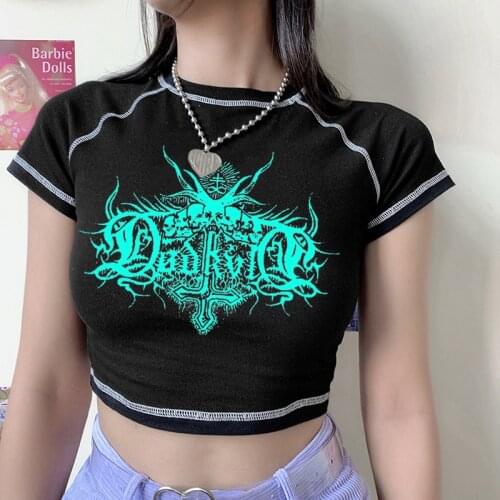 Goth T-shirt female Y2k Crop Top anime tops Vintage kawaii Shirt Harajuku Punk Shirt Woman T-shirts 2021 Blouses summer new