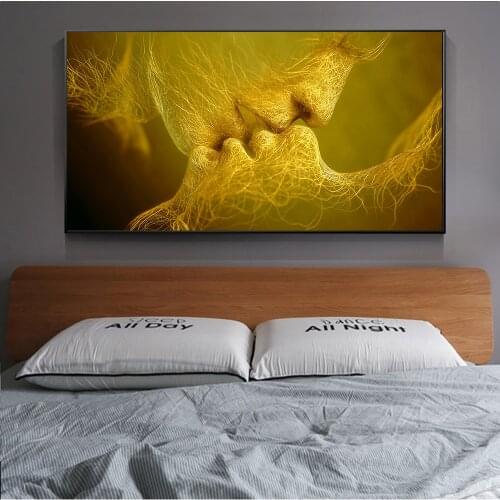 Golden And Black Love Kiss Oil Painting on Canvas Posters and Prints Cuadros Wall Art Pictures For Home Bedroom Living Room