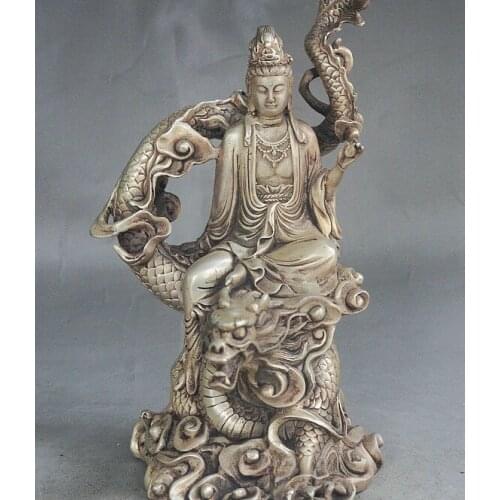 Free shipping 9" China Buddhism Silver Kwan-Yin Bodhisattva GuanYin Goddess Ride Dragon Statu