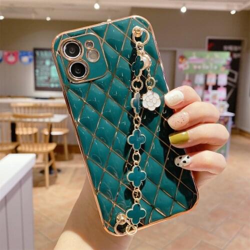 For iPhone 11 12 Pro Max Bracelet Case, Glitter Sparkle Plating Lattice Designed with Unique Full Camera Lens Protection Cover