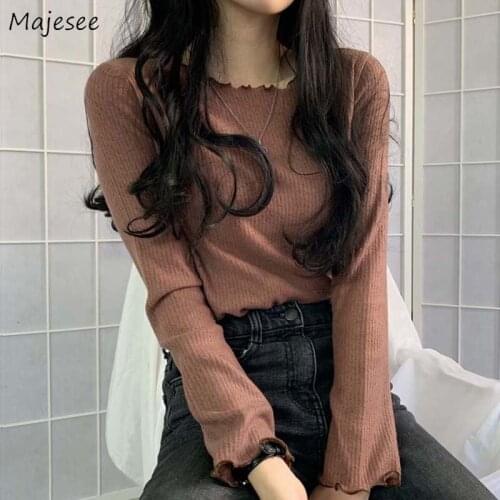 Long Sleeve T-shirts Womens O-neck Solid Sweet Elegant Korean Style All-match Autumn Basic Slim Ladies Stretchy Comfortable New