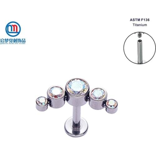 ASTM F136 Titanium Internally Threaded 5 AB Stone Curved Cluster Labret Ring Body Piercing