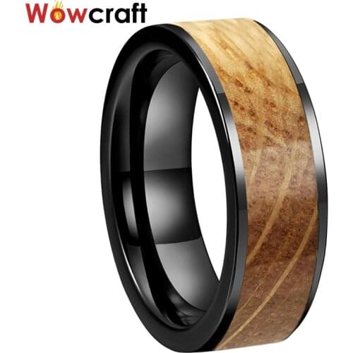 8mm Tungsten Carbide Steel Rings for Men Women Wedding Bands Black Plated Flat Shape Whiskey Barrel Inlay Comfort Fit