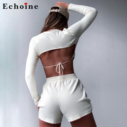Womens Sexy Backless Lace-up Shorts Sports Suits Casual Long Sleeve Two Piece Set Fitness Short Pants Jogger Active Tracksuits