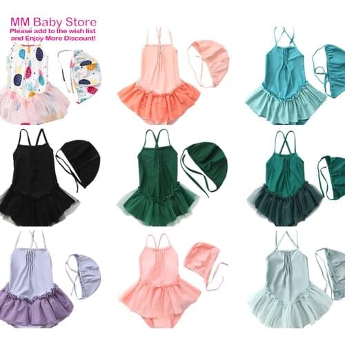 Summer Baby One-Piece Swimsuit Girls Swim Wear Pink Two Piece Set Solid Color Gauze Skirt Sling Hat Toddler Girl Lace Swimsuit