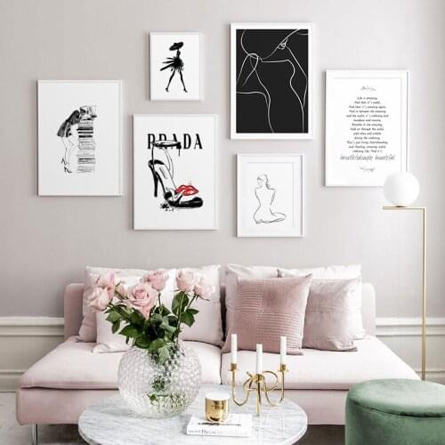 Fashion Elegant Lady Line Art Poster Smoking Shoe Print Canvas Painting Stacked Books Trendy Wall Picture for Girls Room Decor