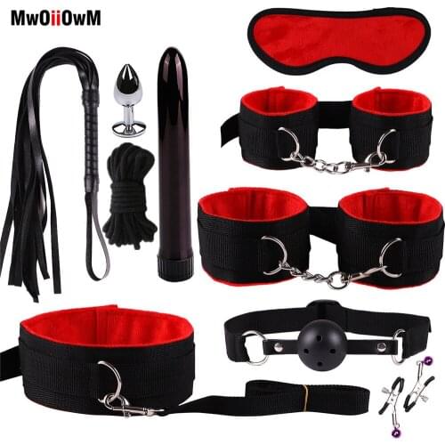 MwOiiOwM Sex Toys Kits Sex Bondage 10 Pcs/Set Sexy Lingerie Handcuffs Whip Rope Anal Vibrator Exotic Products for Couples