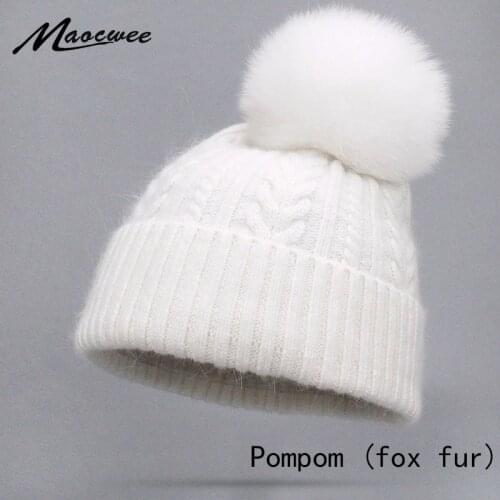 New Simple Winter Rabbit Fur Beanie Hat With Real Fur Pom Pom Hat For Women Colourful Skullies Warm Female Cap
