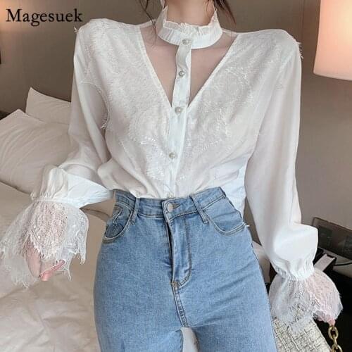 New Spring Loose Mesh White Blouse Women Casual Long Sleeve Button Shirt Tops Elegant Lace Stitching Female Blouses Blusas 11536