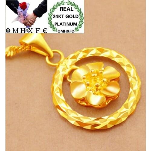 OMHXFC Wholesale European Fashion Woman Girl Party Birthday Wedding Gift Hollow Round Flower 24KT Real Gold Charm Pendant PN142