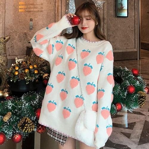Cute Peach Sweater Jumper Cute Cartoon Fuzzy Knit Crew Neck Long Sleeve Oversized Pullover Women Soft Girl Aesthetic Outfit