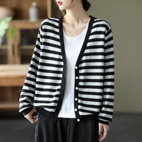QPFJQD Ladies Striped Knitted Cardigan Cotton V-Neck Long Sleeve Spring Autumn Women Comfort Loose Button Tops Clothes