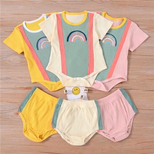 0-24 Months Toddler Baby Girls Boys Summer Match Rainbow Short Sleeves Romper + High-Waist Shorts Unisex Tracksuits 2Pcs Outwear