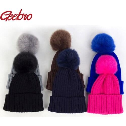 Geebro Cute Winter Children Baby Kids Knitted Hat Caps Children Girl Boy Wool Fur Bobble Ball Crochet Pompom Beanies Hats