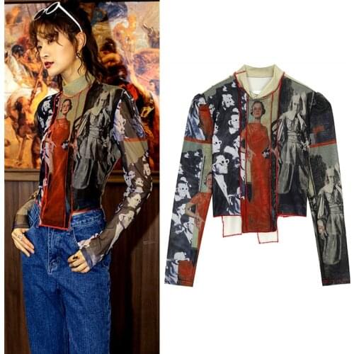 Designer Vintage Style Print T Shirt Women Stand Neck Long Sleeve Women Tops Color Block Tee Shirt Underwear Clothing SL420