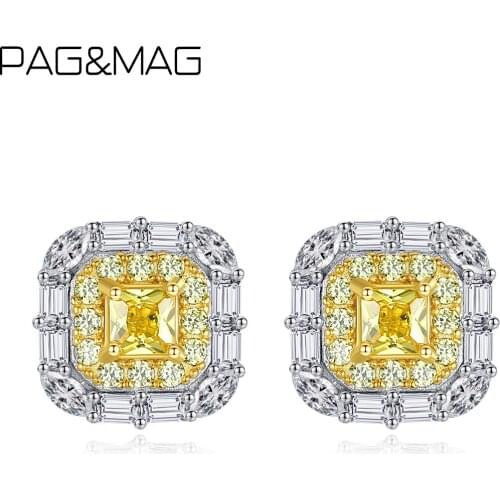 PAG&MAG Authentic Citrine Geometric Stud Earrings 100% Sterling Silve 925r For Women Jewelry Pendientes Mujer Moda SE0346