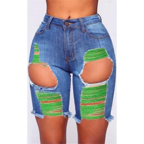 Blue High Waist Straight Hole Denim Shorts Women 2021 New Summer Ripped Streetwear Jeans Shorts Lady Cotton Knee Length Jeans