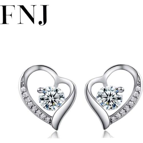 FNJ Heart Earrings 925 Silver Jewelry Original Pure S925 Sterling Silver Stud Earring for Women White Zircon