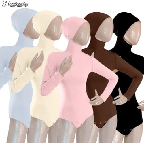 2021 Women Inner Bodysuit Hooded Hijab Tops Muslim Islamic Basic Manset Bodycon Long Sleeve Bottoming Shirts Overalls Clothing
