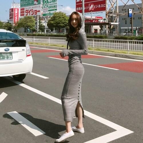 Fashion 2021 Spring Fall Women Casual Sweatshirt Striped Hooded Top&Single-Breasted Long Sheath Skirt Suit Ladies Two Pieces Set