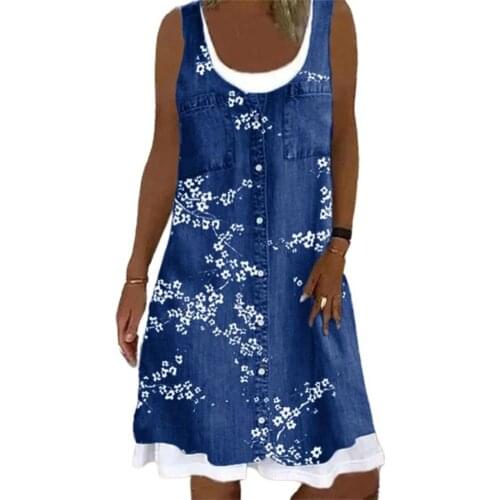 Plus Size Women Dress Vintage Digital Printing Sleeveless Female Sundress O Neck Fake Pockets Buttons Vest Suit Office Dresses