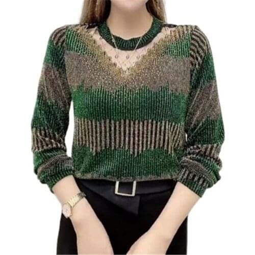 New Womens Knitted Sweaters Spring Autumn Long Sleeve Plus Size Female Pullover Patchwork Lace Hollow Out V-Neck Lady Clothes