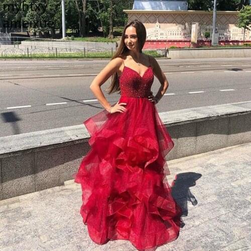 Spaghetti Straps A-line Long Red Sexy Prom Dress Burgundy Wine Tiered Tulle Beading Formal Party 2020 Robe De Soiree New Gowns